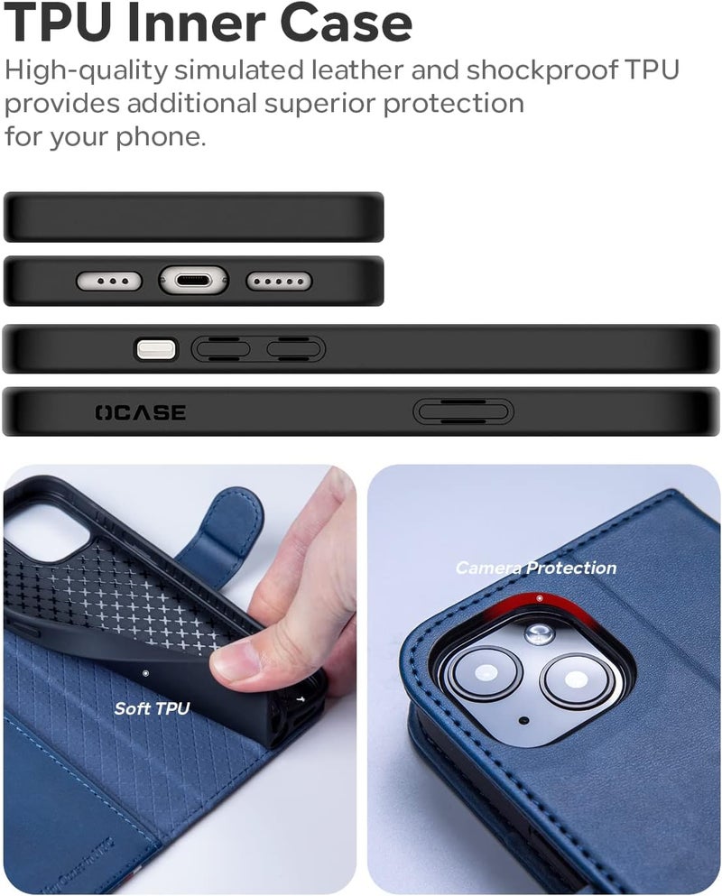 OCASE Compatible with iPhone 13 Wallet Case, PU Leather Flip Folio Case with Card Holders RFID Blocking Kickstand [Shockproof TPU Inner Shell] Phone Cover 6.1 Inch 2021 (Spliced Blue) - Image 5